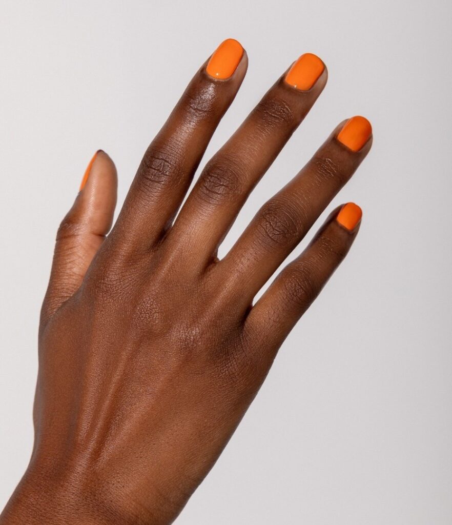 may nail colors, bright tangerine orange short square nails on deep skin tone