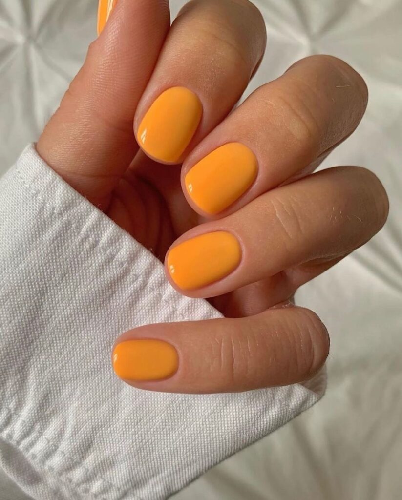 may nail colors, tangerine orange glossy short round nails
