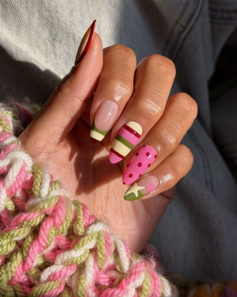 summer nail trends 2026, retro striped almond nails with polka dots and stars in pink and green