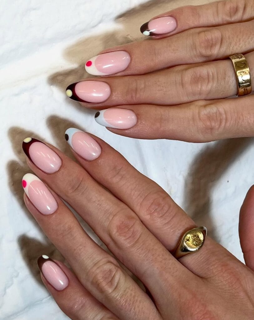 summer nail trends 2026, nude pink almond nails with minimal retro brown and cream French tips
