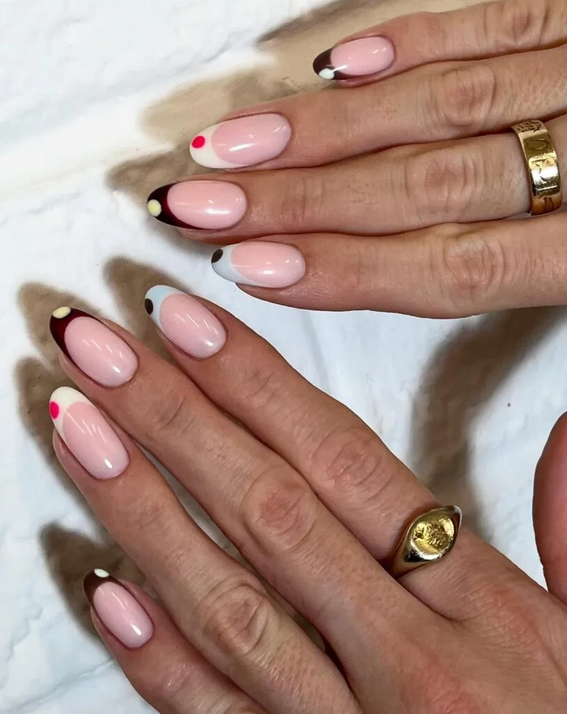 summer nail trends 2026, nude pink almond nails with minimal retro brown and cream French tips