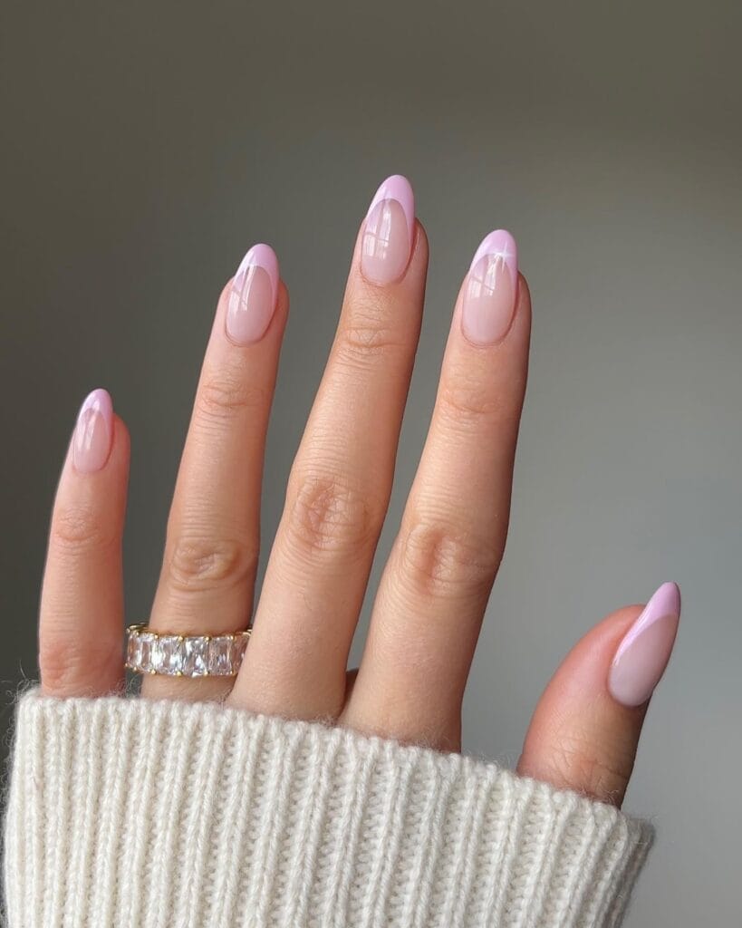 neutral summer nails, almond sheer pink nails with soft lavender French tips