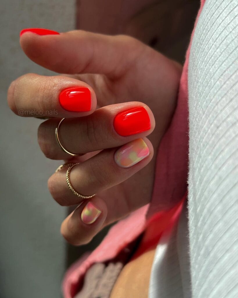 July nail ideas, neon orange short square nails with one milky pastel watercolor accent nail