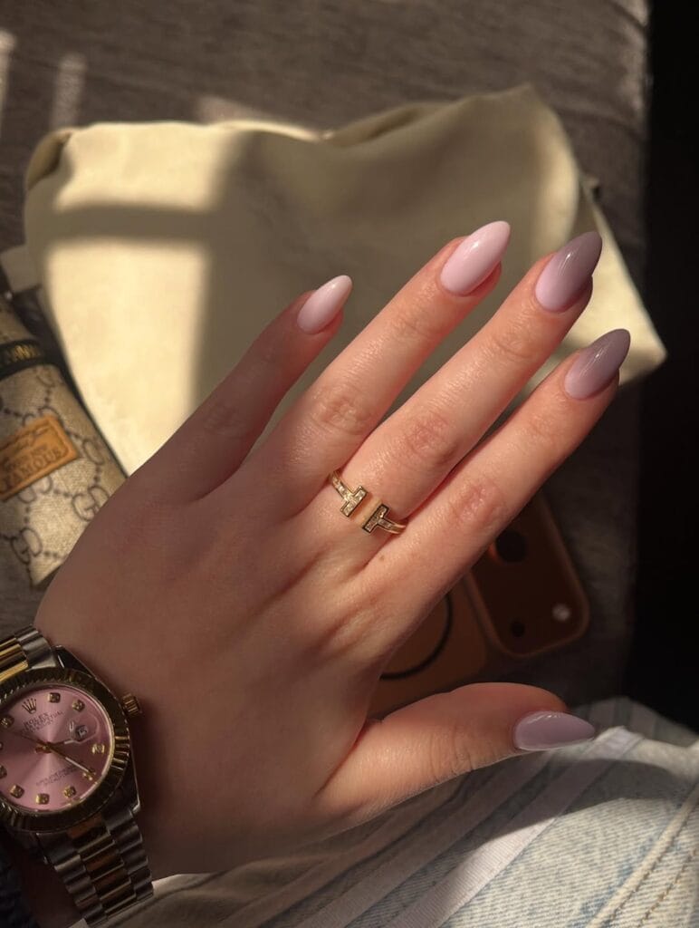 neutral summer nails, long almond dusty mauve glossy solid nails