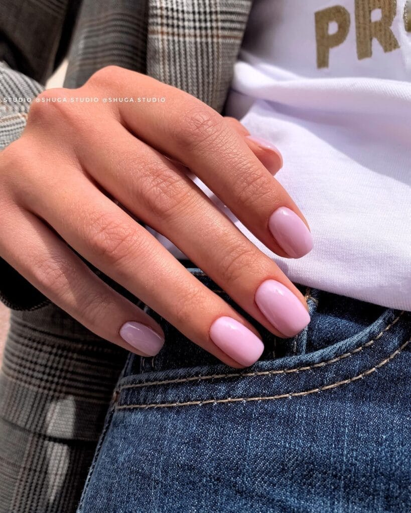 neutral summer nails, short square baby pink glossy solid color nails