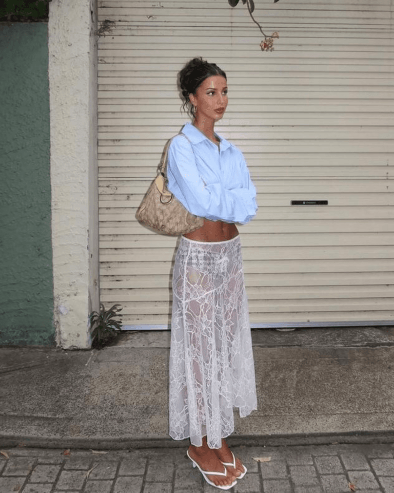 summer fashion trends 2026, white sheer lace maxi skirt with light blue cropped button-down and white sandals
