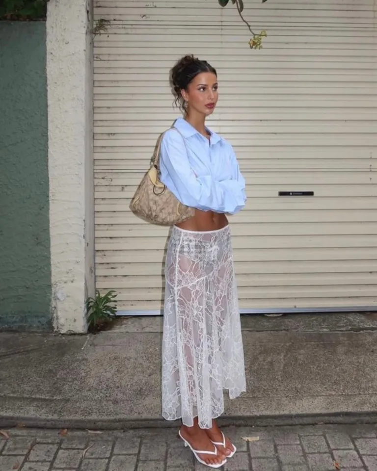 summer fashion trends 2026, white sheer lace maxi skirt with light blue cropped button-down and white sandals