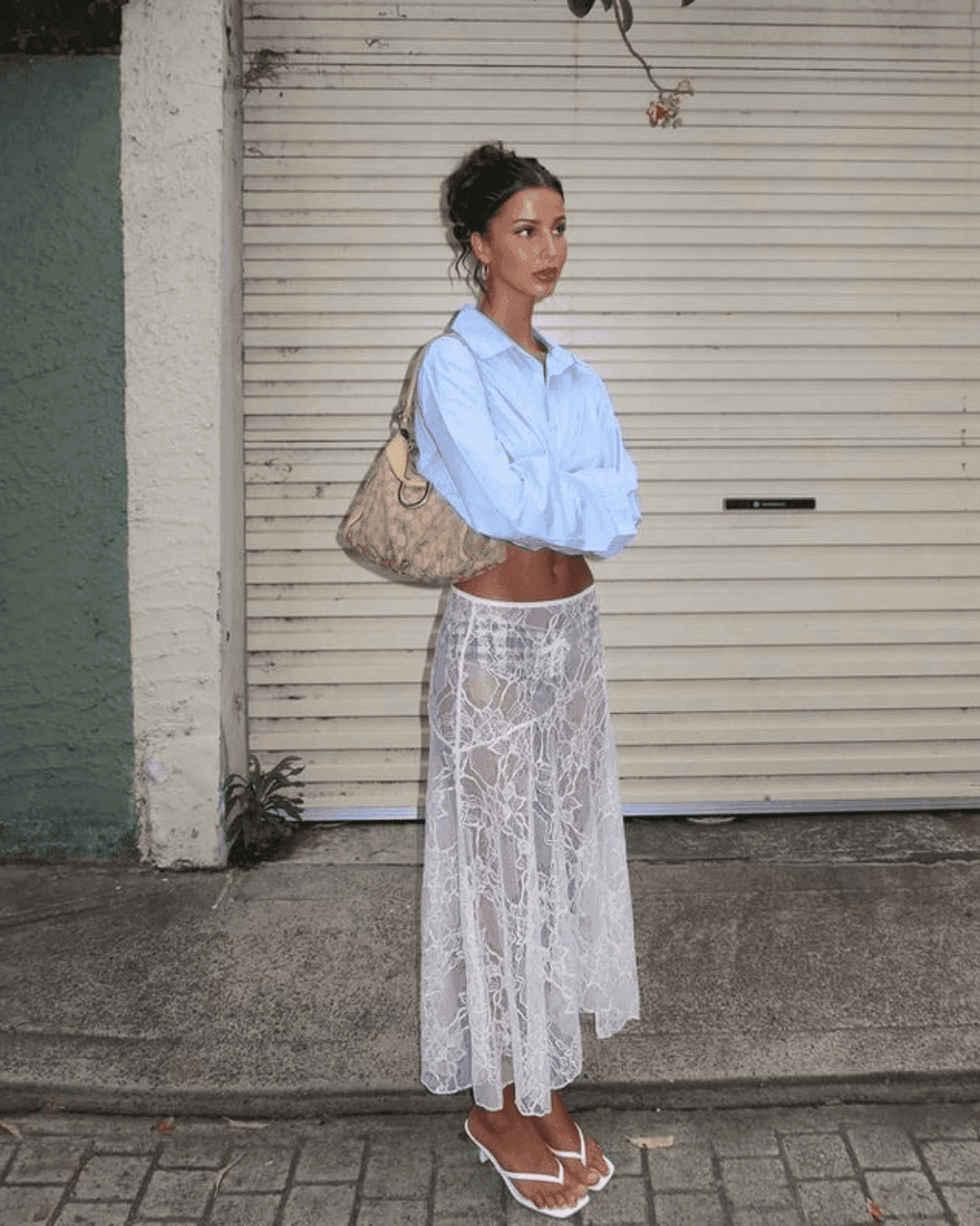 The 11 Summer Fashion Trends for 2026 You’ll Actually Want to Wear on Repeat summer fashion trends 2026, white sheer lace maxi skirt with light blue cropped button-down and white sandals