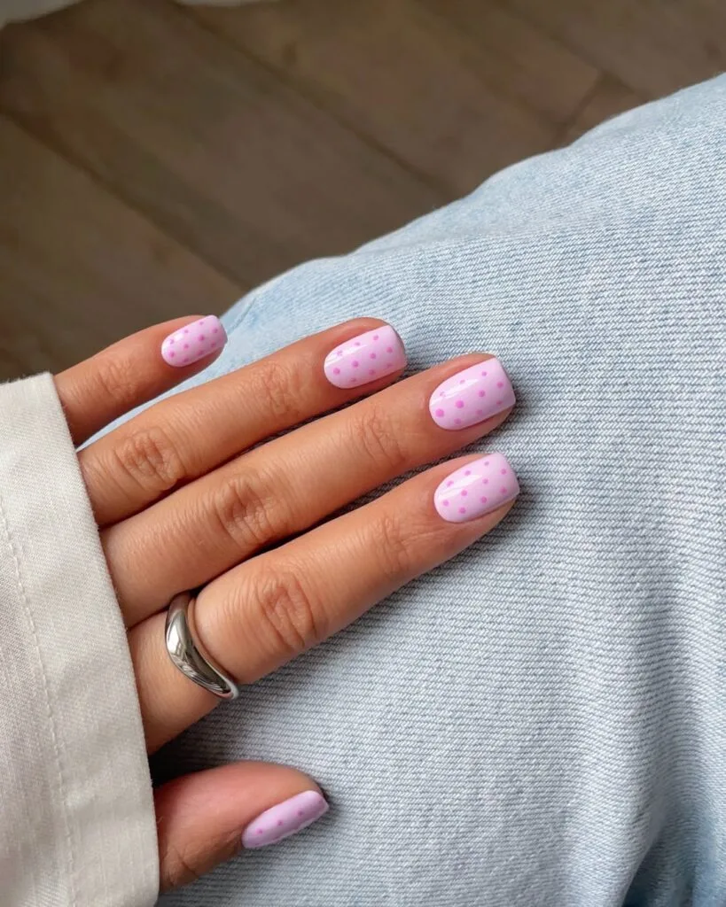 summer nail trends 2026, light pink short square nails with tonal pink polka dots