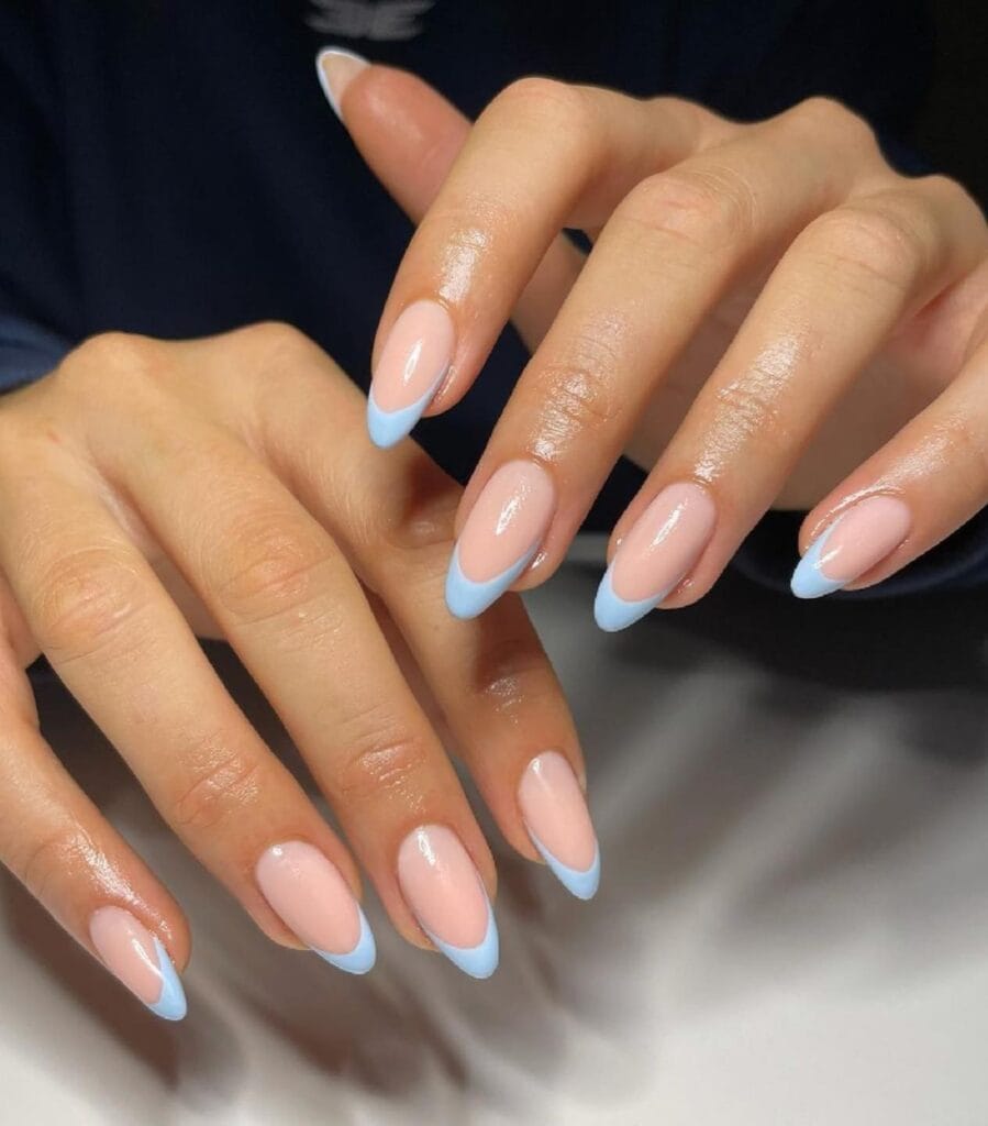 summer nail colors, baby blue French tip almond nails on nude base