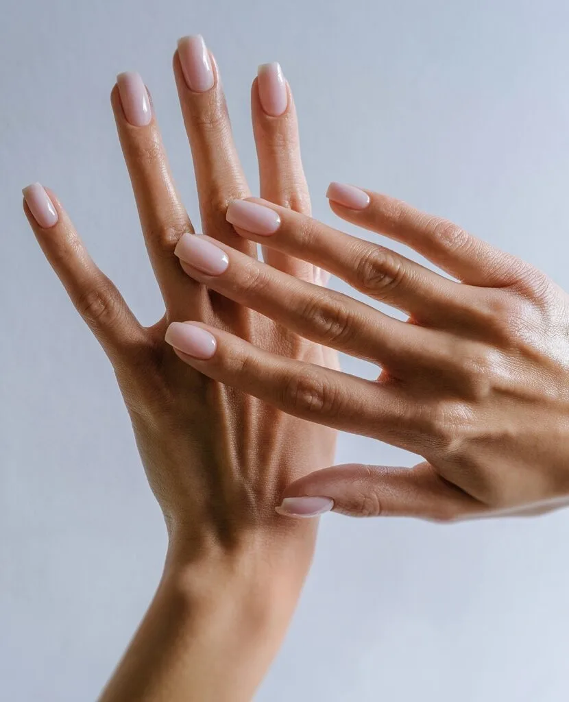 june nail color trends, sheer pink nude glossy square nails with natural finish