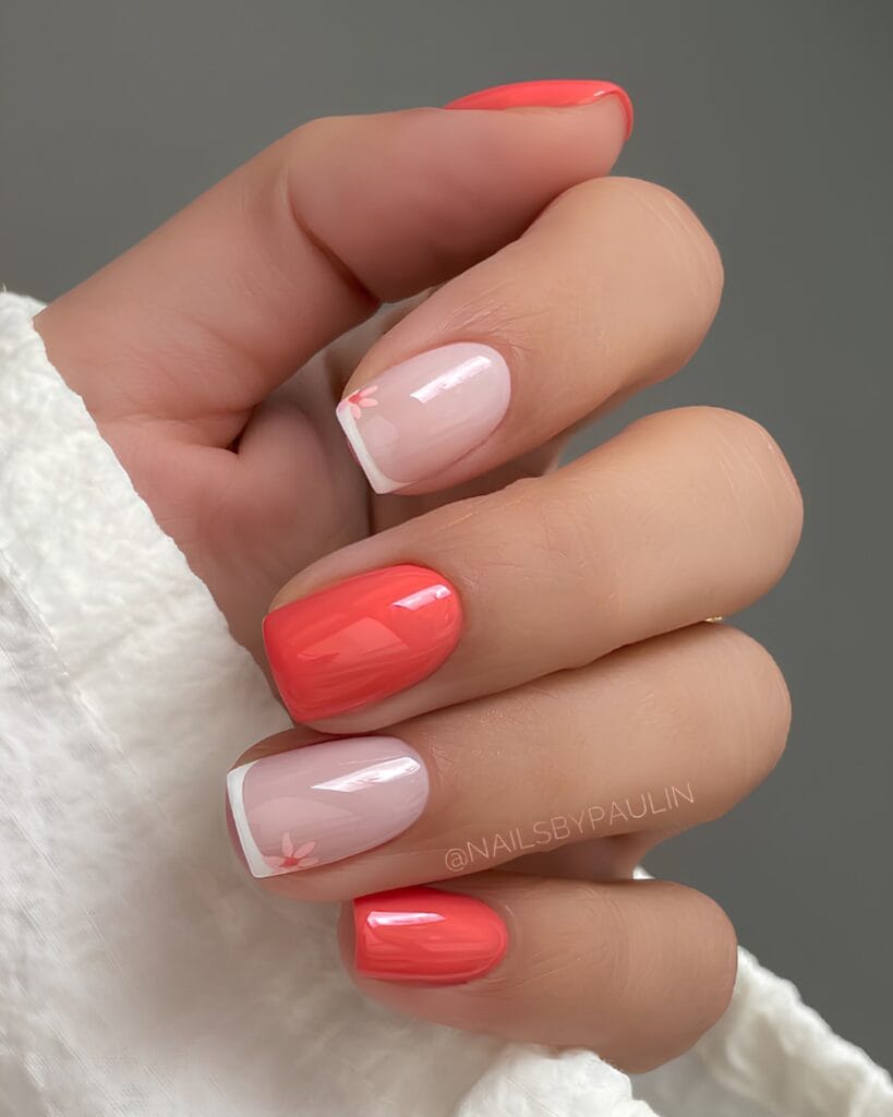 summer nail colors, coral short square nails with sheer pink French tip accent nails