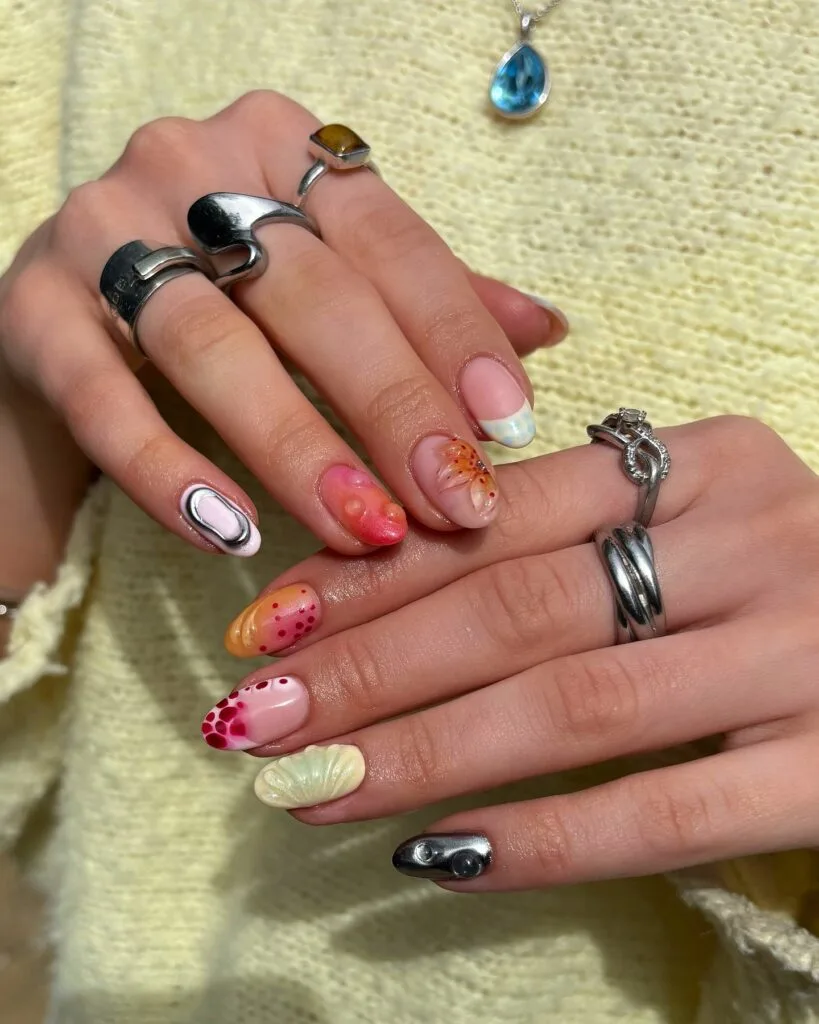 summer nail trends 2026, eclectic mismatched nails with chrome flower dots and seashell art