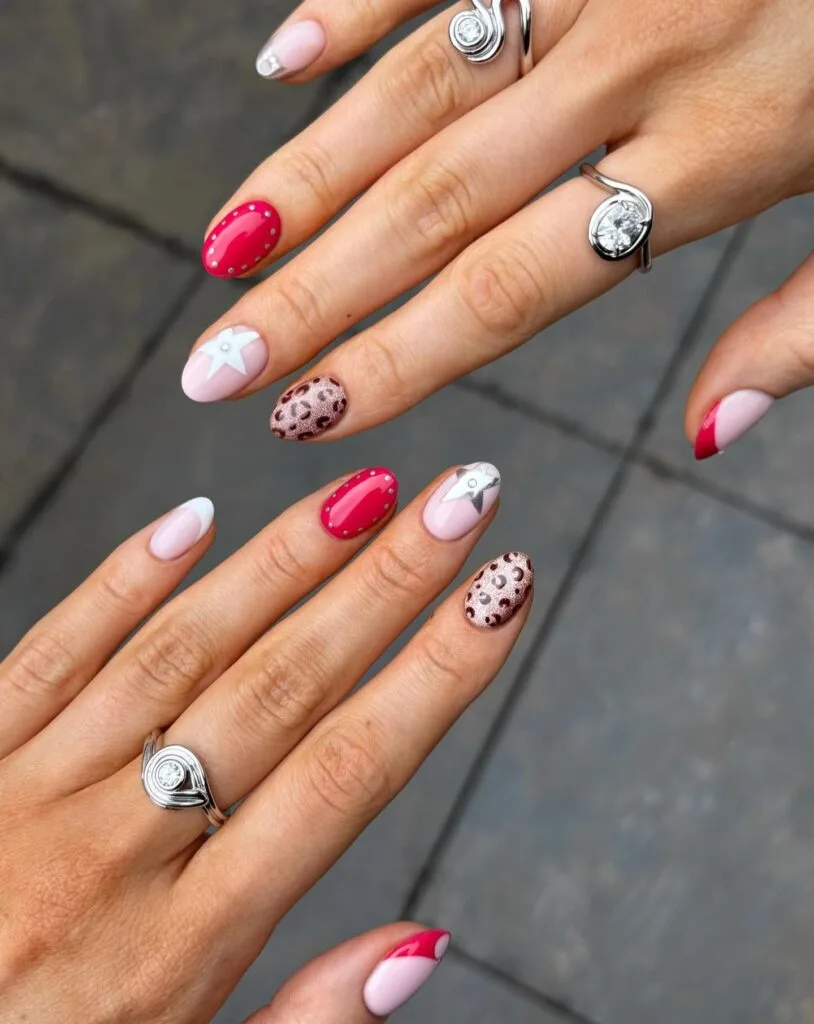 summer nail trends 2026, mix-and-match almond nails in red leopard print and star designs