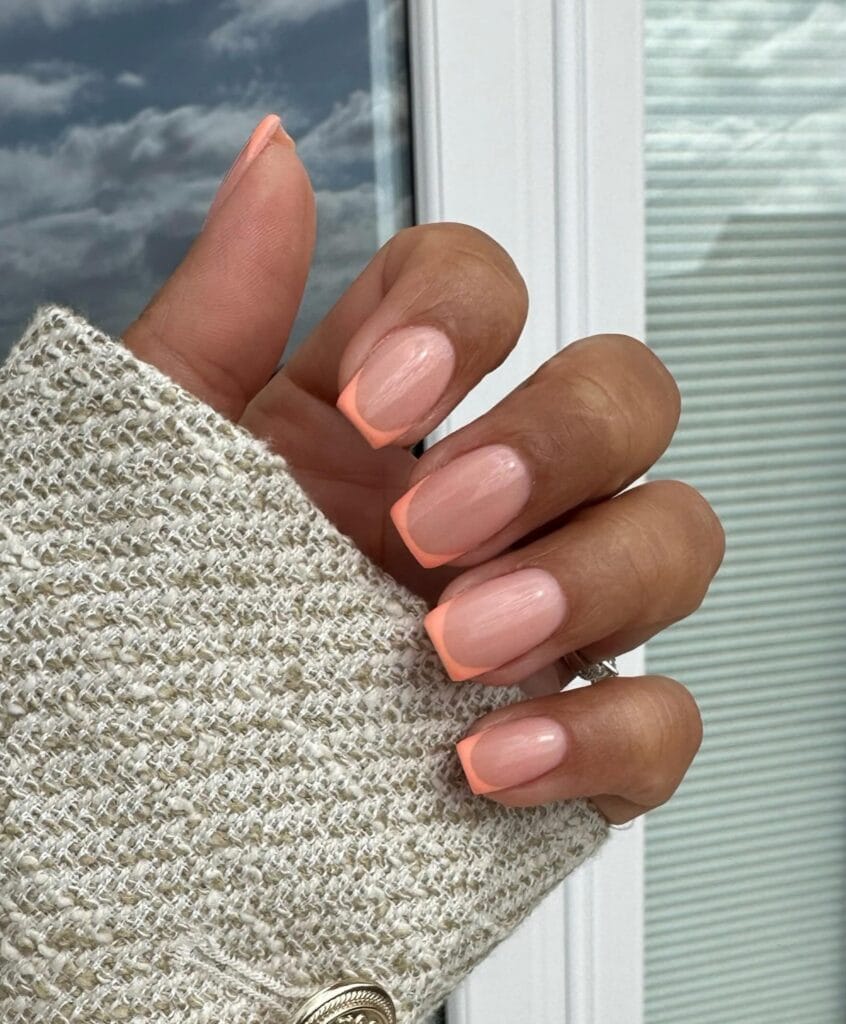 summer nail colors, soft peach French tip short square nails with sheer base