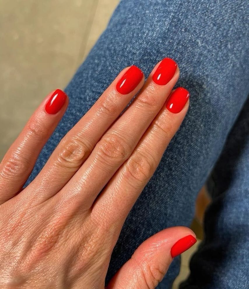 summer nail colors, tomato red glossy short square nails with denim