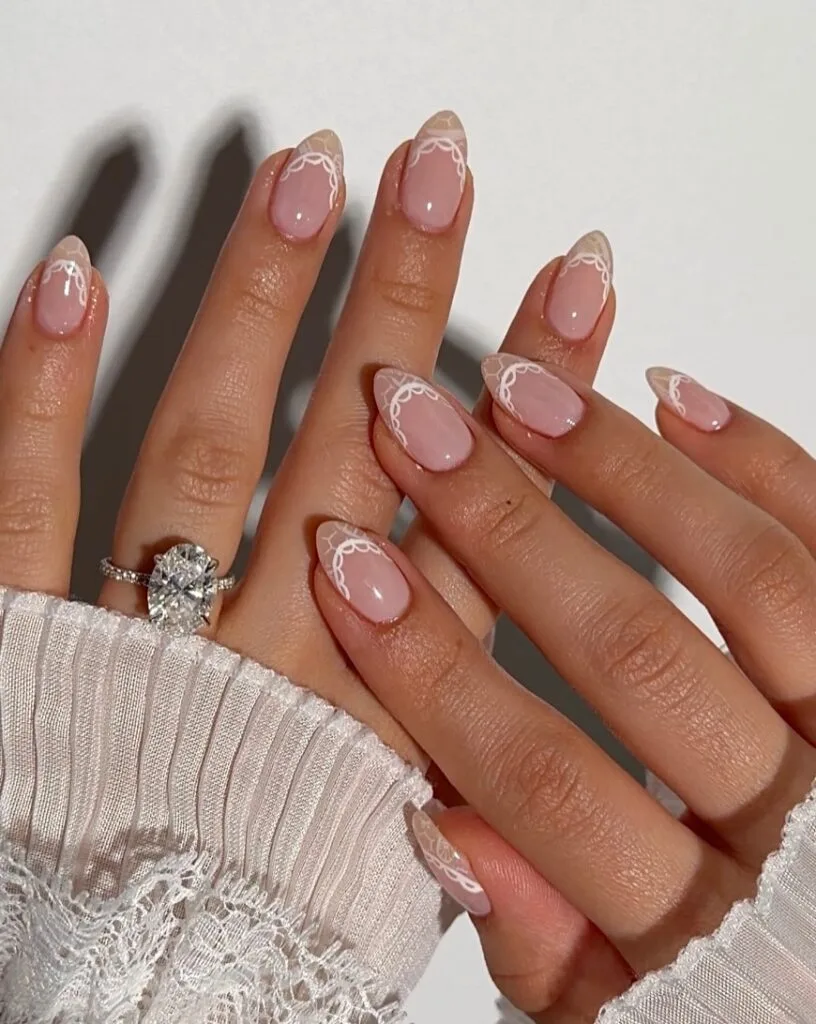 summer nail trends 2026, nude almond nails with white scalloped lace French tip design
