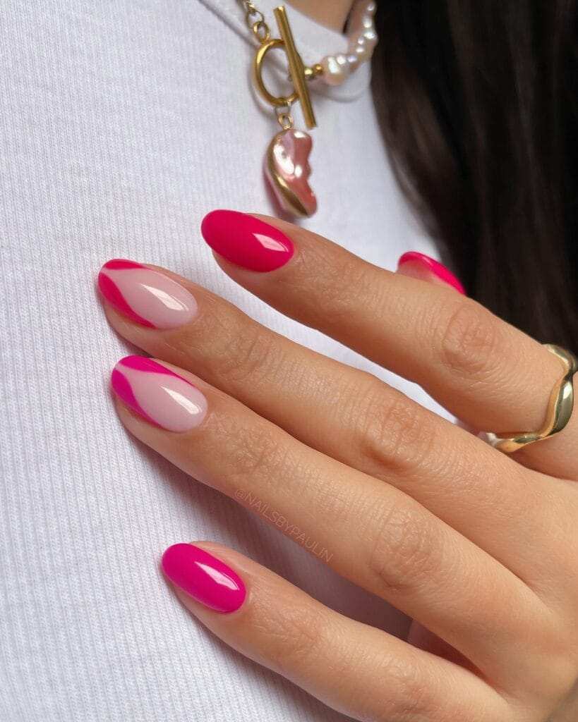 July nail ideas, hot pink and magenta almond nails with sheer accent nails and bold pink side swirl