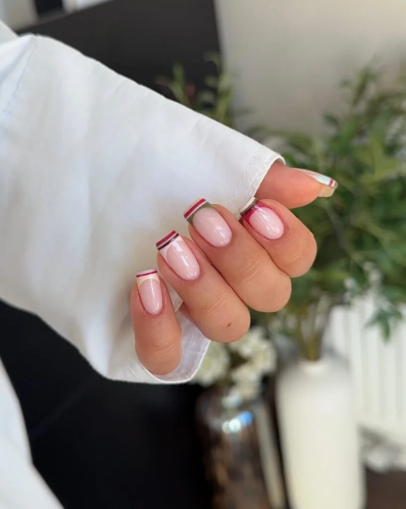 summer nail trends 2026, short square nails with stacked burgundy olive and cream striped French tips