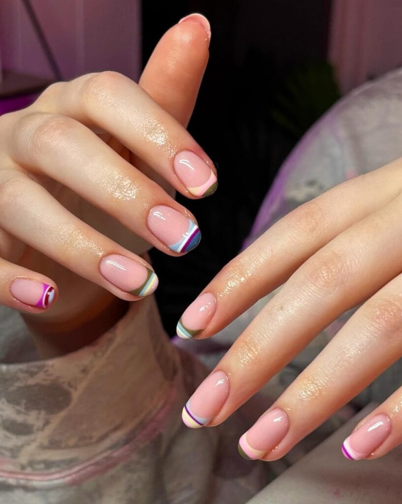 summer nail trends 2026, short nails with multicolor striped French tips in olive blue and pink
