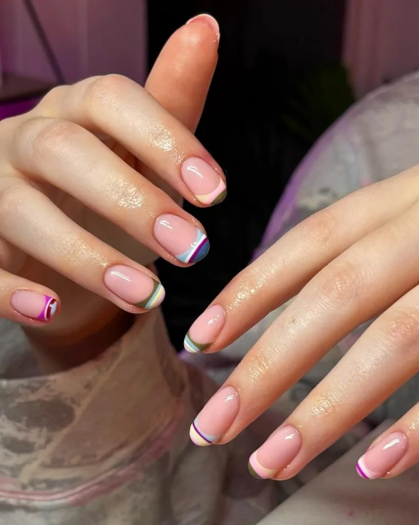 summer nail trends 2026, short nails with multicolor striped French tips in olive blue and pink