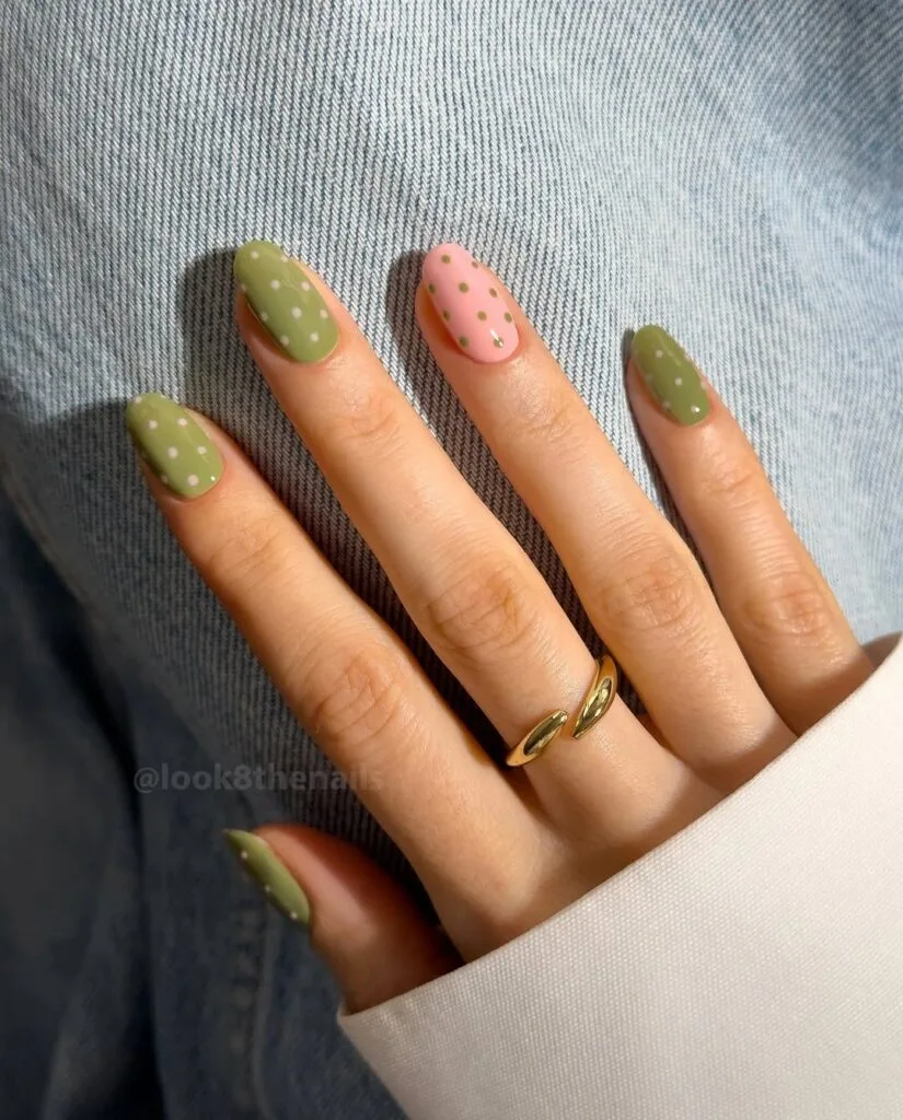 june nail color trends, light matcha green glossy long square nails with gold rings