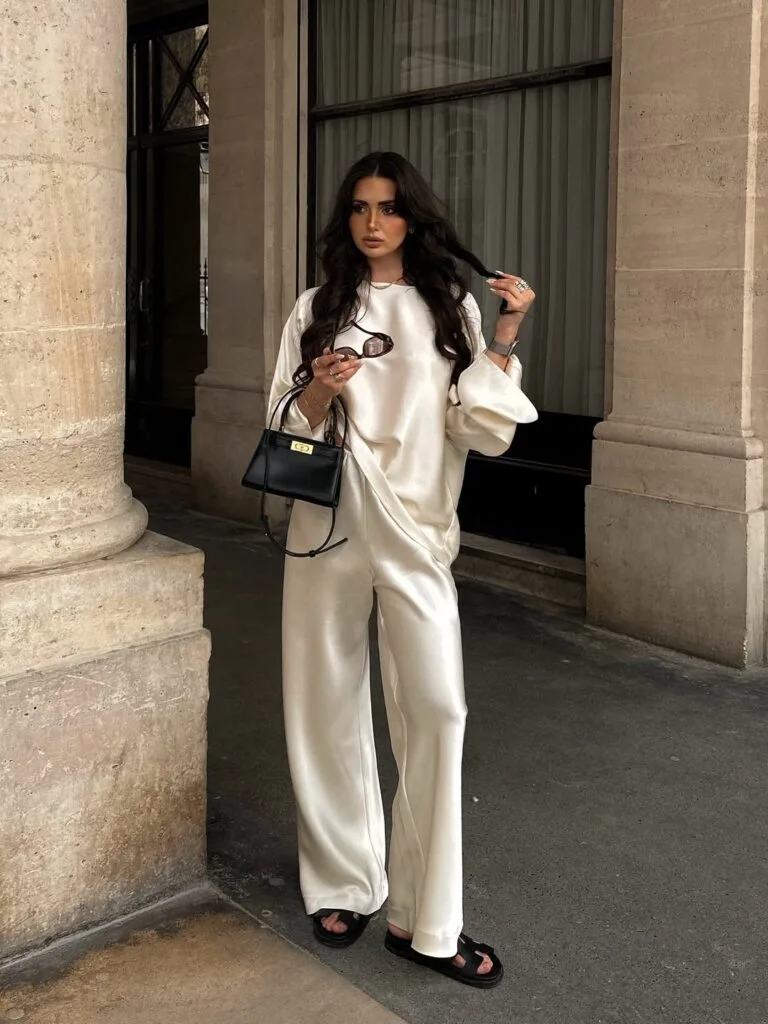 summer fashion trends 2026, cream satin blouse and matching wide-leg trousers with black sandals and mini bag