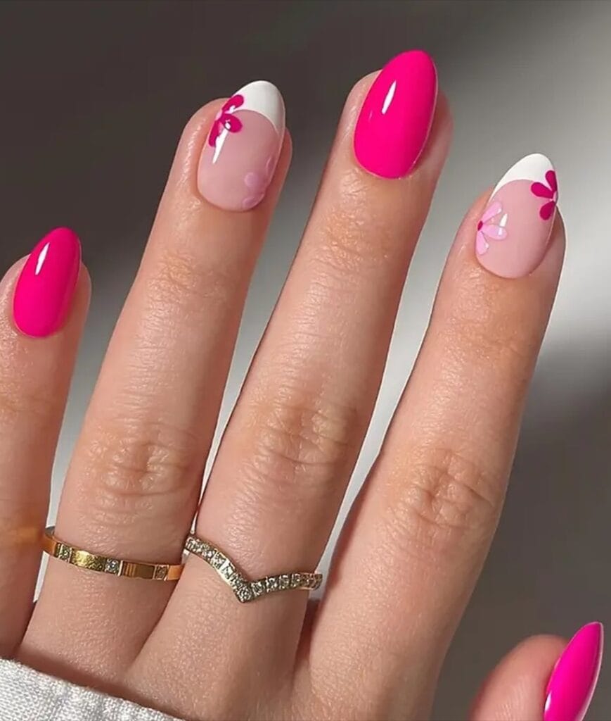 summer nail colors, hot pink almond nails with white French tip and floral accents