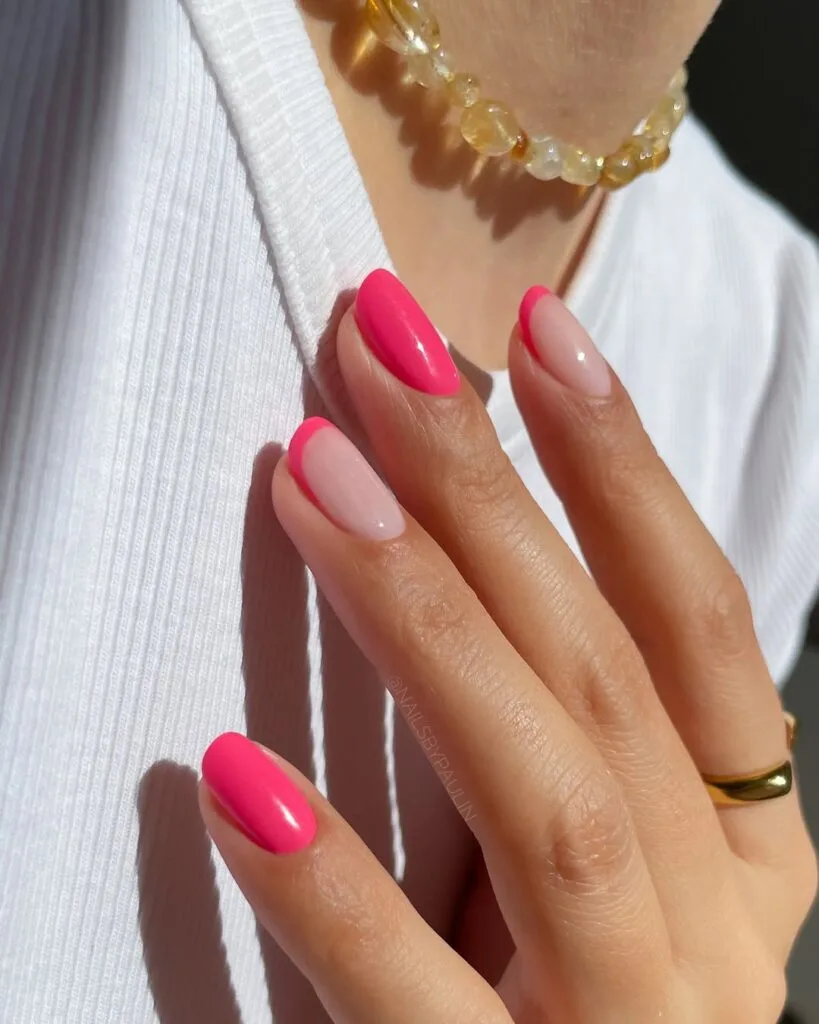 june nail color trends, bubblegum pink glossy almond nails with silver jewelry