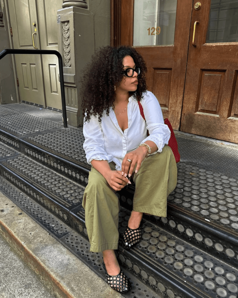 summer fashion trends 2026, black woven cage jelly flats with olive cropped pants and white blouse