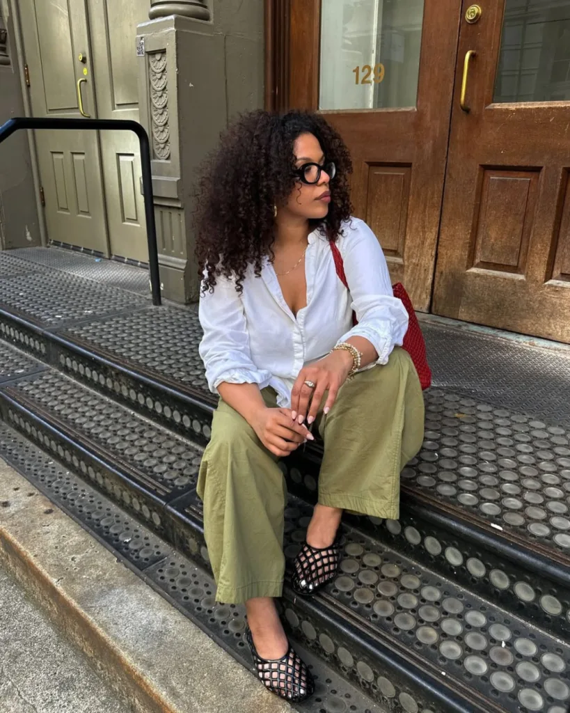 summer fashion trends 2026, black woven cage jelly flats with olive cropped pants and white blouse