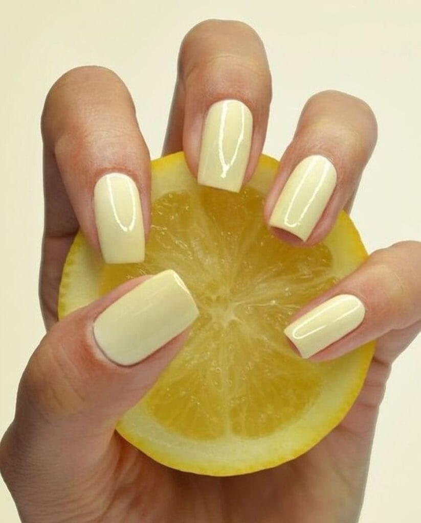 summer nail colors, pale lemon glossy short square nails holding lemon slice