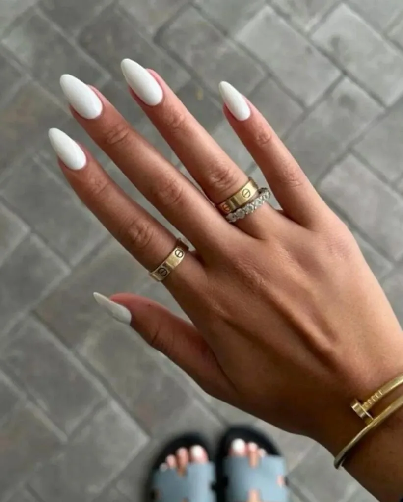 july nail colors, long white almond nails with glossy opaque finish