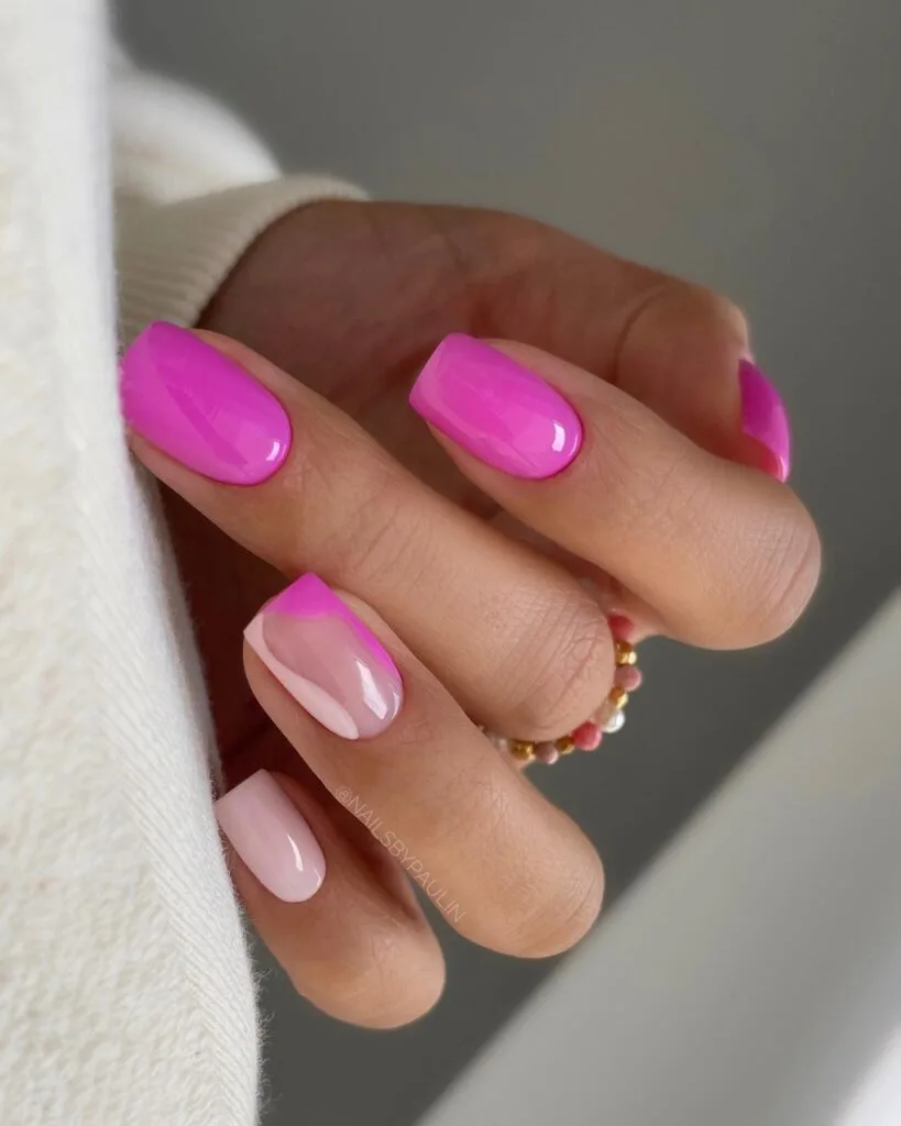 july nail colors, bright magenta square nails with soft pink and diagonal accent nails
