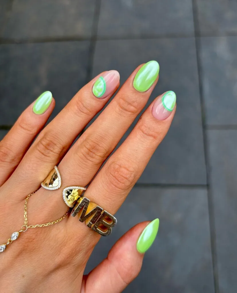 july nail colors, pearly chrome lime green almond nails with lime art accent nails