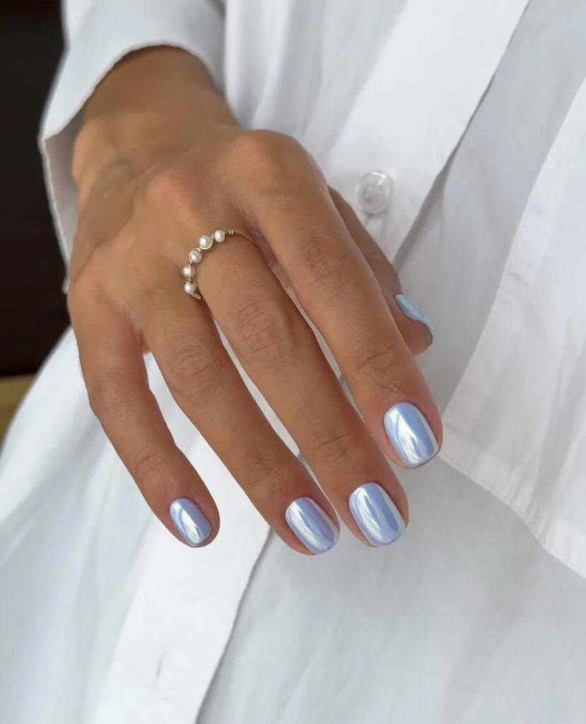 july nail colors, light blue chrome short square nails with pearly finish