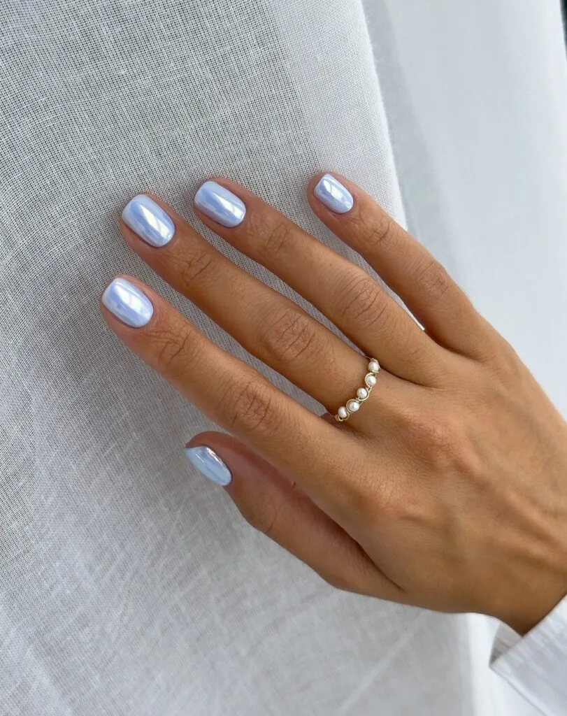 trending nail colors, icy pearl chrome short square nails in pale blue