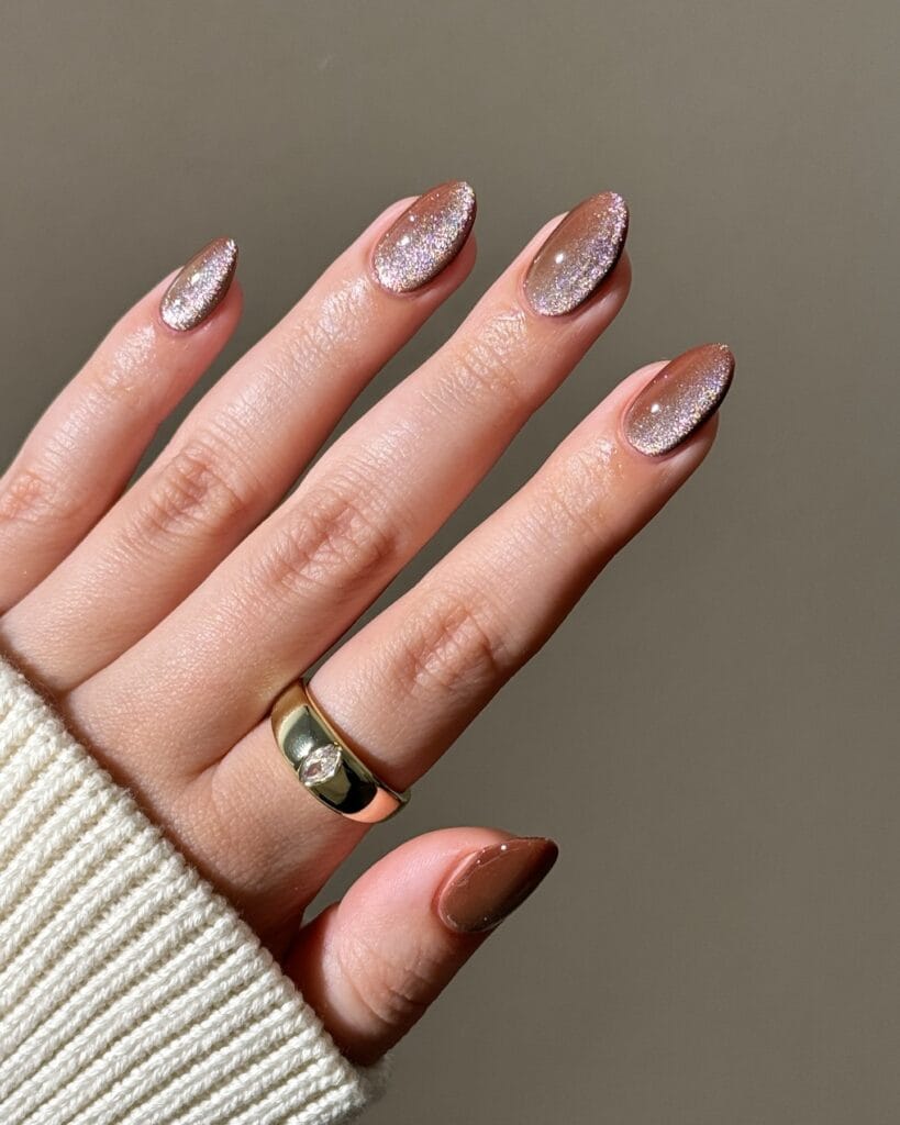 summer nail colors, almond bronze velvet cat eye nails with fine glitter