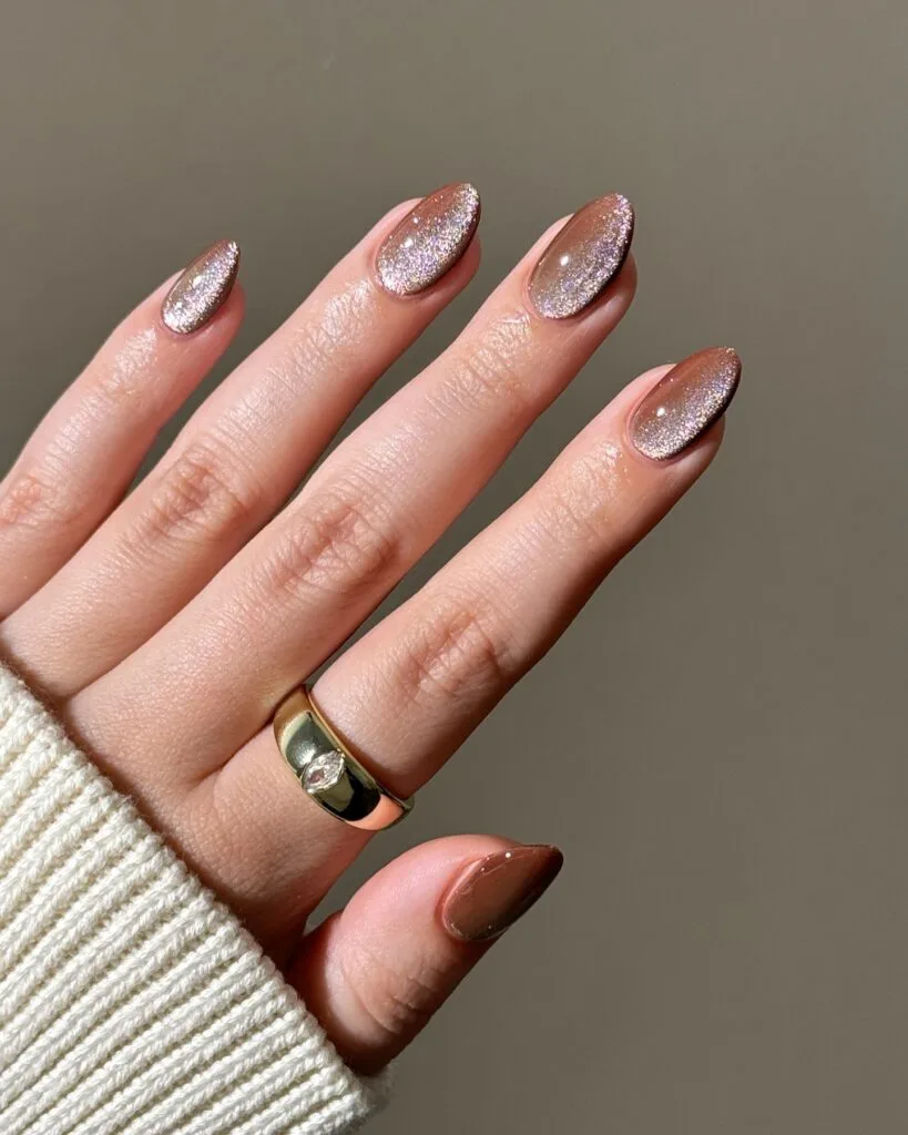 summer nail colors, almond bronze velvet cat eye nails with fine glitter