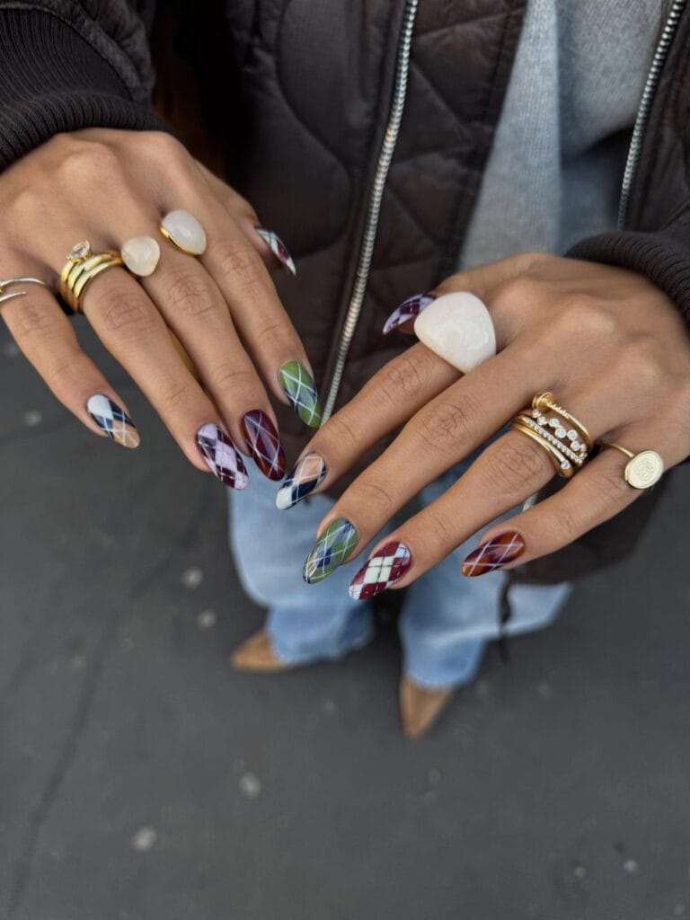 Long almond 2026 autumn nails in mismatched argyle with burgundy, olive, lilac and navy diamonds
