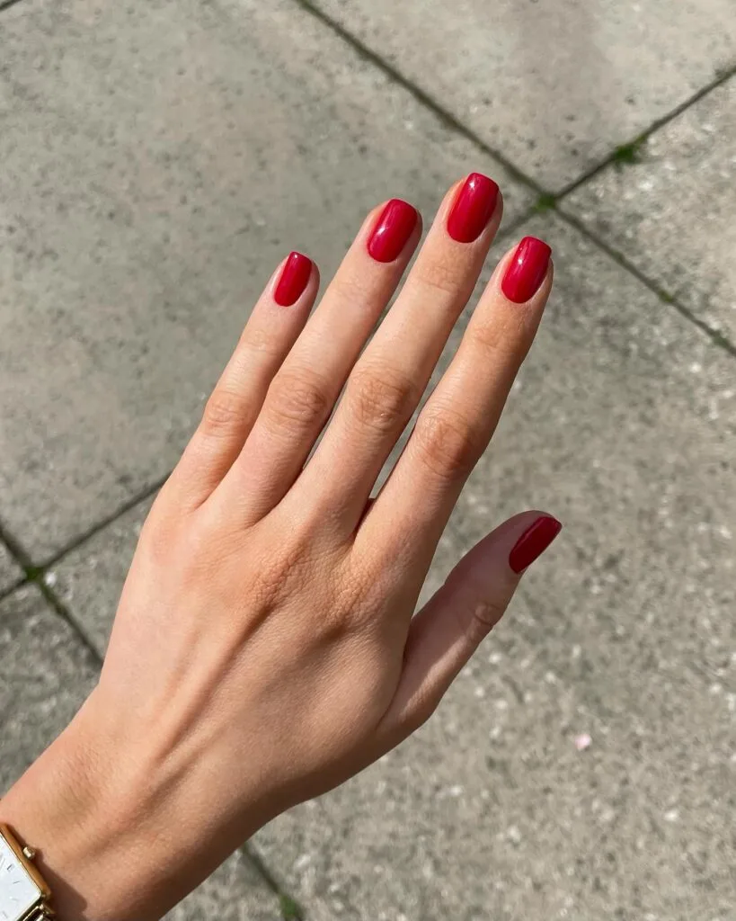 Short rounded-square nails in glossy tomato red photographed in sunlight for September nails.