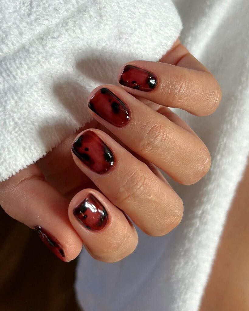 Short square fall nail trends 2026 in deep oxblood jelly with black tortoiseshell blotches