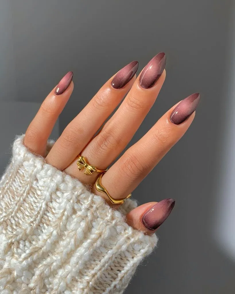 Smoky mauve autumn nails with dusty rose centers and deeper plum-brown aura edges.