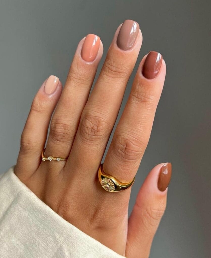 Short glossy nails in five nude shades from cream and peach to taupe and brown.
