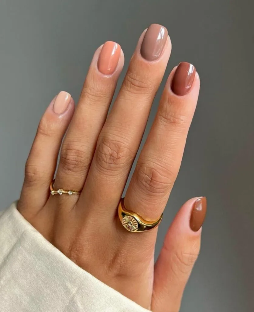 Short glossy nails in five nude shades from cream and peach to taupe and brown.