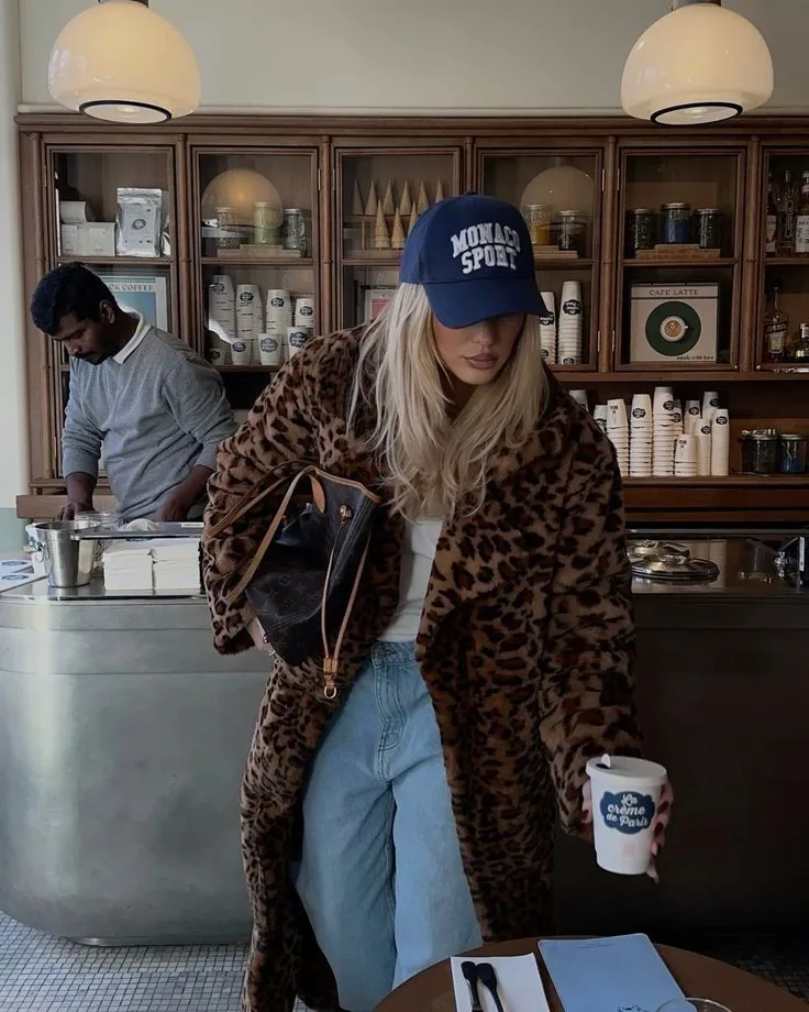 Woman in a leopard-print coat with jeans, white tee, and cap for an autumn outfit.