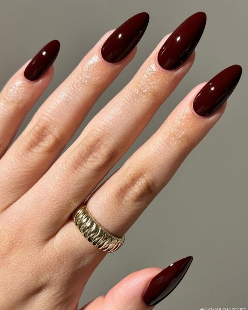 Glossy black cherry almond nails in sunlight, fall nail colors
