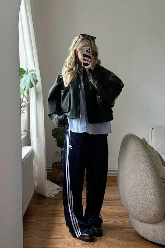 Woman in navy track pants, a black leather jacket, and layered shirt in a fall 2026 outfit.