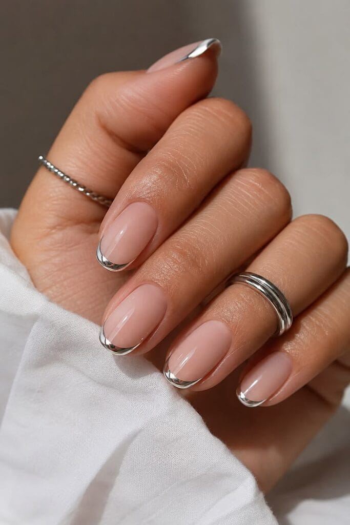 Short round fall 2026 nails in milky pink with a hairline silver chrome micro French tip