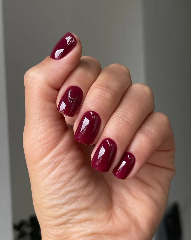 Deep berry nails with a high-gloss glass lacquer finish for autumn nail colors.